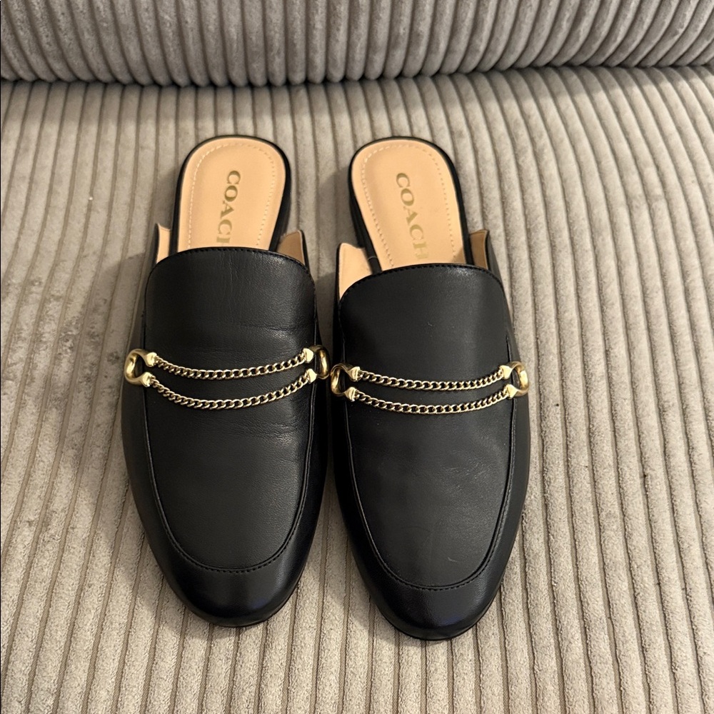 Coach Black Mules with Gold Chain Accent